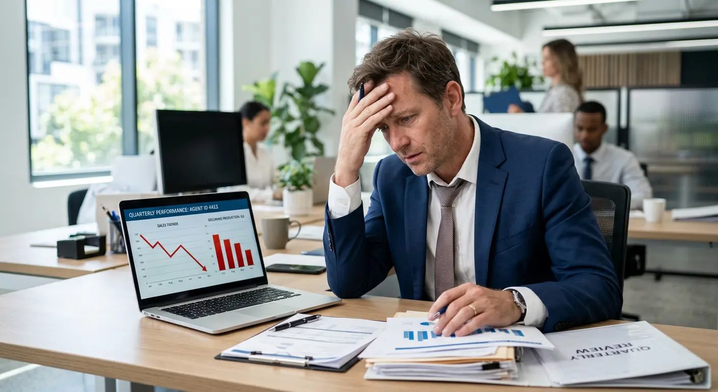 Frustrated insurance agent reviewing declining lead performance